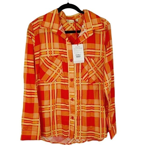 NEW Morena Rosa Orange Plaid Long Sleeve Button Down Blouse Size Medium - Picture 1 of 8